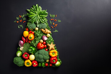 Edible Christmas tree shaped vegetable on dark background for holiday seasonal festive party celebration with healthy food decoration. Christmas tree made of healthy food, top view with copy space. 