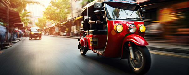 Thailand red taxi called tuk tuk passenger car in high speed, night picture. - obrazy, fototapety, plakaty