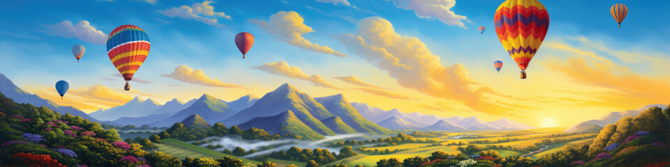 Obraz premium Hot air balloons flying above beautiful nature. copy space for your text.