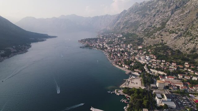 Bay of Kotor panoramic aerial view above stunning fjord village and winding bay of the Adriatic sea