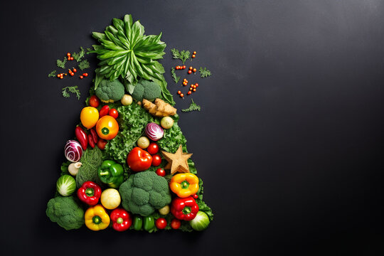 Edible Christmas Tree Shaped Vegetable On Dark Background For Holiday Seasonal Festive Party Celebration With Healthy Food Decoration. Christmas Tree Made Of Healthy Food, Top View With Copy Space. 