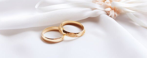 Luxury wedding rings on wedding cardboard. copy space for your text. - obrazy, fototapety, plakaty