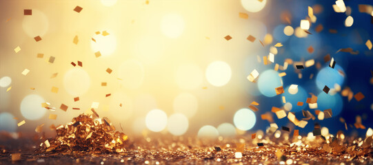 Glittering confetti in gold and blue. Panoramic banner background for the New Year and Christmas - obrazy, fototapety, plakaty