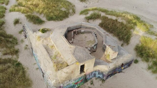 Flyover Coastal Battery Klitm&oslash;ller in Denmark - Aerial Drone Shot