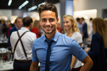 Fototapeta premium Generative ai illustration of sales associate standing smiling in kitchen showroom
