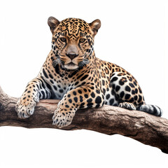 A jaguar is sitting on a trunk with an isolated background. Generated AI