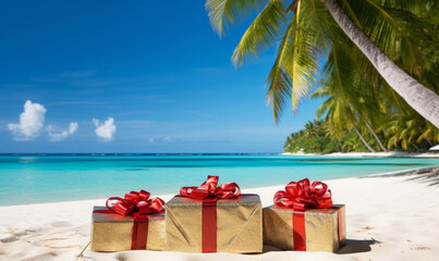 Christmas holiday vacation. Festive gifts and presents on a tropical beach. Seasonal travel