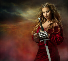Warrior Woman praying with Sword. Medieval Female Knight in Armor blessing Battle. Beautiful Viking...