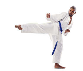 Man, karate and kick in martial arts or self defense training with blue belt isolated on a transparent PNG background. Active male person or fighter in pose or technique for taekwondo or fitness