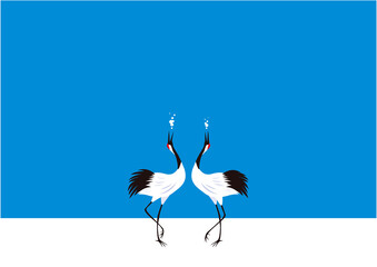 青空の下、求愛ダンスをするタンチョウのつがいのイラスト