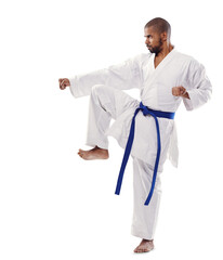 Man, karate and fist in martial arts or self defense training with blue belt isolated on a...