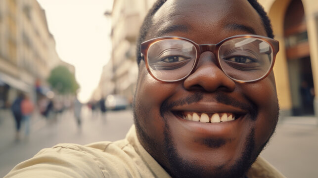 Happy, smiling middle-aged African American man with glasses taking selfie outdoor