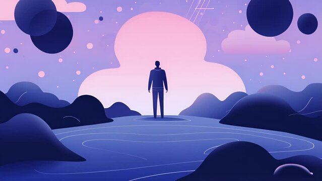 The character is floating above their body, witnessing themselves in a outofbody experience, representing the theme of existentialism and questioning reality. 2d animation