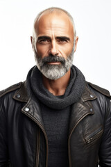 Senior bald man with beard wearing black leather jacket isolated on white
