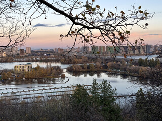 Kyiv landscape view with nature, Dnipro river and city buildings