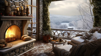 Cozy winter veranda with a burning fireplace and a winter landscape