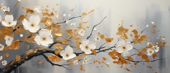 Abstract background with gold, white, and black textures, made of gold leaf and flowers on a white marble background.