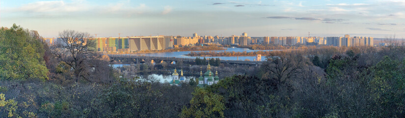 Kyiv landscape panoramic view with nature, Dnipro river, church and city buildings