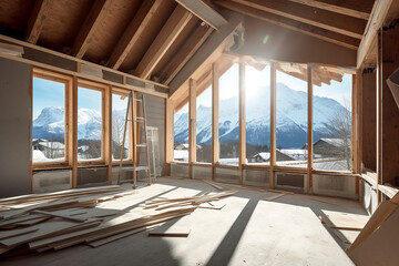 modern attic construction site with large windows, high rooms, daylight, bright