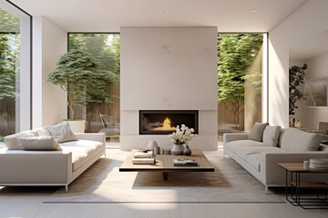 Modern minimalist bright living room interior with a fireplace and large panoramic windows in Scandinavian style