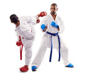 Karate kick, martial arts fight and sport with training, defence and fighter for MMA and competition. Exercise, skill fitness and athlete uniform with workout isolated on transparent, png background © Shubham/peopleimages.com