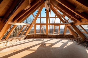 modern attic construction site with large windows, high rooms, daylight, bright