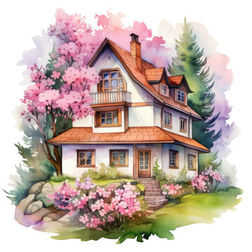 Spring provence street watercolor illustration, png
