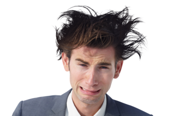 Depression, portrait and crying business man with anxiety on isolated, transparent and png background. Face, tears and sad male entrepreneur with broken heart, fail or stress, sorry or mistake trauma