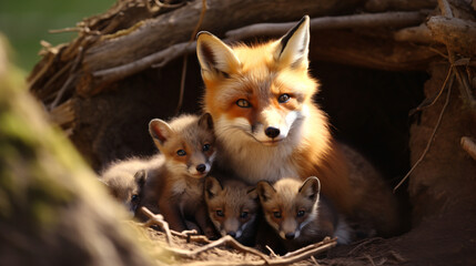 Naklejka na ściany i meble Wild red fox with cubs close up near its den feeding
