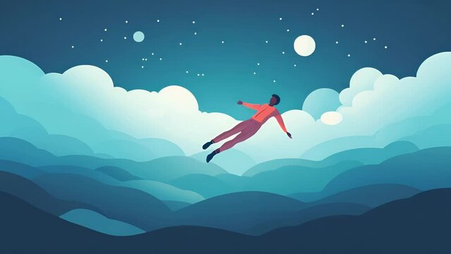 The character is floating above their body, witnessing themselves in a outofbody experience, representing the theme of existentialism and questioning reality. 2d animation