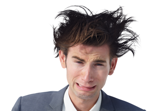 Depression, portrait and crying business man with anxiety on isolated, transparent and png background. Face, tears and sad male entrepreneur with broken heart, fail or stress, sorry or mistake trauma