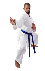 Man, karate and martial arts for self defense training with blue belt isolated on a transparent PNG...