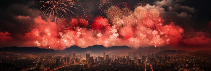 Stunning chinese new year fireworks illuminating the night sky with vibrant colors and patterns - obrazy, fototapety, plakaty