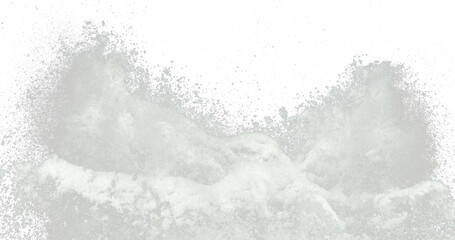 Explosion of snow falling down from sky or roof, heavy big small size snows. Freeze shot on black background isolated. Fluffy White snowflakes splash explode cloud up in mid air storm - obrazy, fototapety, plakaty