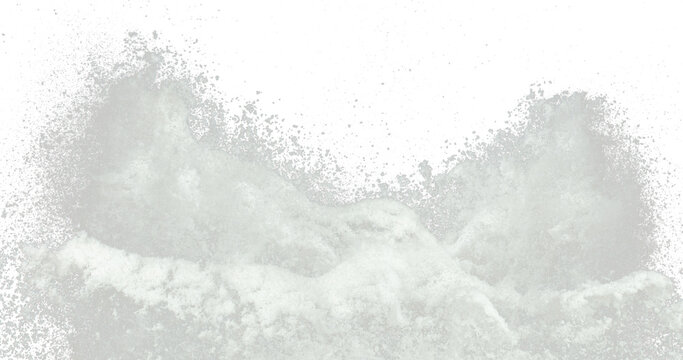 Explosion of snow falling down from sky or roof, heavy big small size snows. Freeze shot on black background isolated. Fluffy White snowflakes splash explode cloud up in mid air storm