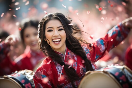 Vibrant chinese new year performers playing traditional musical instruments in a joyous parade