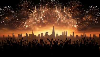 Fototapeta premium Chinese new year silhouettes watching fireworks, embracing communal celebration spirit