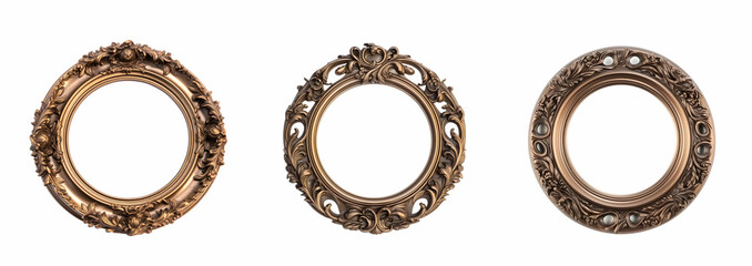 Three round picture frames in in Art Nouveau style. Set of bronze photo frames on the white background. Edited AI illustration. - obrazy, fototapety, plakaty