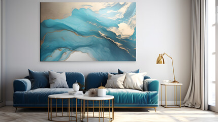 Abstract ocean- ART. Natural Luxury. Style incorporates the swirls of marble or the ripples of agate. Very beautiful blue paint with the addition of gold powder marble Texture. generative AI.