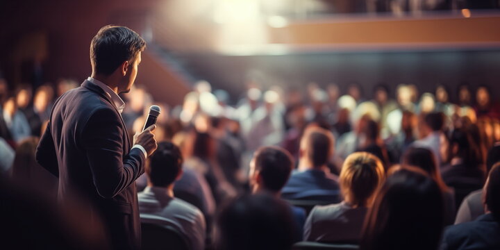 A participant asking a question, after a lecture in an audience in an auditorium, or hall.  Hand edited generative AI.
