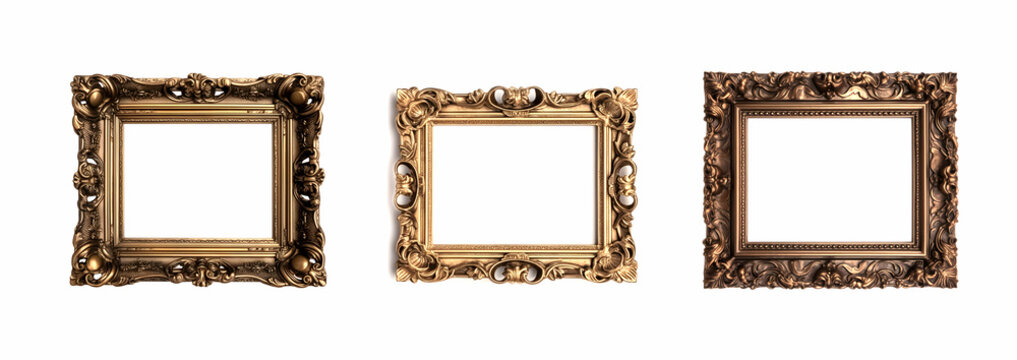 Three rectangular picture frames in Baroque style. Set of bronze and golden photo frames on the white background. Edited AI illustration.
