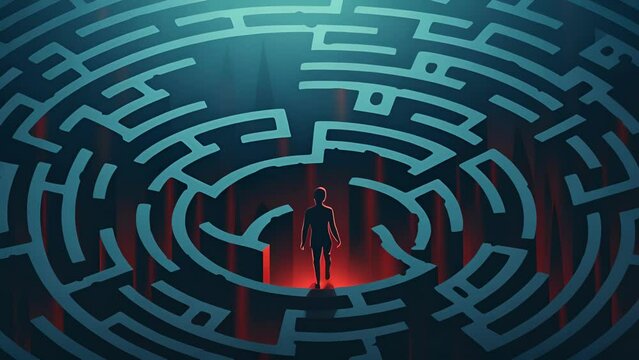 A character is shown ped inside a labyrinth, representing their struggle to break free from negative thought patterns. 2d animation