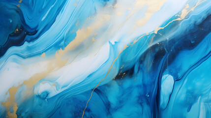 Abstract ocean- ART. Natural Luxury. Style incorporates the swirls of marble or the ripples of agate. Very beautiful blue paint with the addition of gold powder. generative AI. - obrazy, fototapety, plakaty