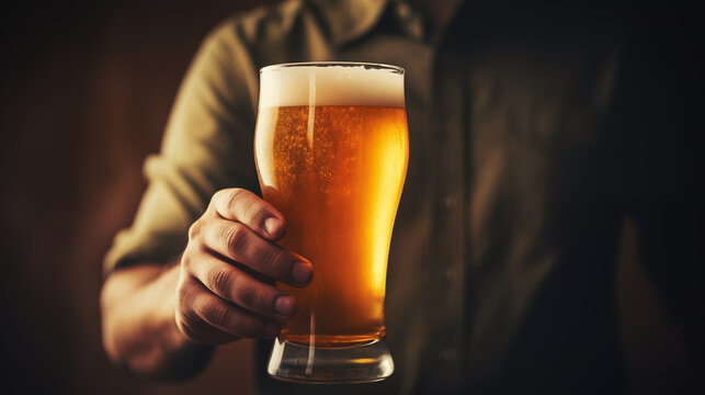 A glass of beer in the hands of a man. Tasting brewed craft beer. Lager beer with beautiful foam. Cold refreshment beverage. Alcohol drink from pub. Enjoyment on beer degustation. Generated AI