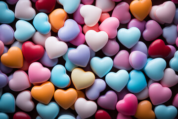 A cheerful pattern of multi-colored candy hearts on a pastel rainbow gradient, ideal for a sweet Valentine's Day card