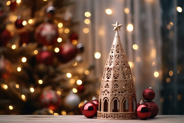 a christmas tree is in the background with an ornament and ornaments surrounding it, in the style of cottagecore