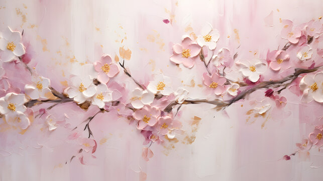 Abstract painted oil acrylic painting pink cherry flowers golden texture marble. generative AI.