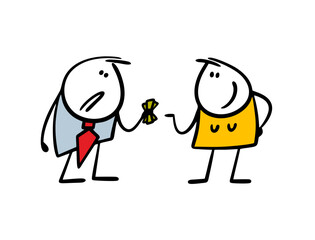 Cartoon wife strictly demands from her husband his entire salary. Vector illustration of poor sad man in a business suit giving money to young woman.