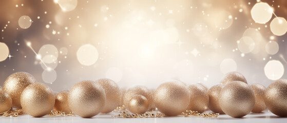 Golden Christmas baubles on a shimmering background with twinkling lights and a warm, festive glow