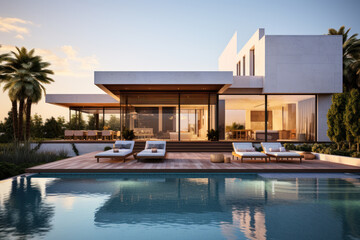 Fototapeta premium Minimalist cubic house exterior with swimming pool, modern country house, seaside holiday in modern villa, sunset view